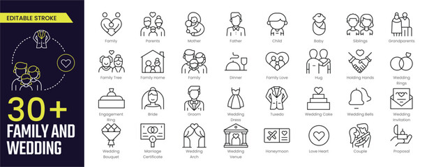 Family and Wedding Editable Stroke icon collections. Containing Family, Parents, Mother, Father, Child, Baby, Bride, Honeymoon and Ring icons. Editable Stroke icon collection Outline icon