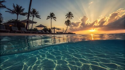 Fototapeta premium Tropical beach resort view with clear water and sunset sky with palm trees and lounge chairs