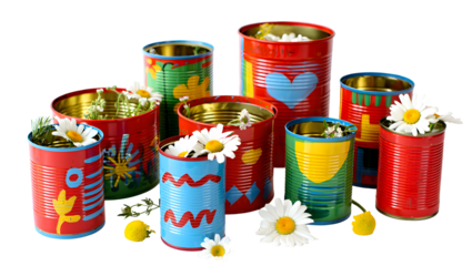 Collection of colorful painted tin cans with flowers and green sprigs isolated on a transparent background