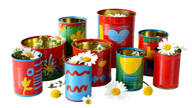 Collection of colorful painted tin cans with flowers and green sprigs isolated on a transparent background