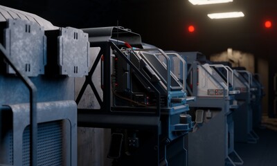 Military base computer hub and data center science fiction 3d rendering wallpaper background