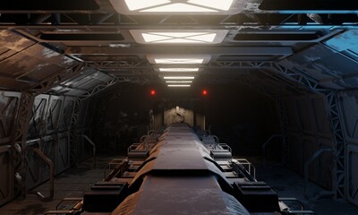 Military base computer hub and data center science fiction architecture in dark scene 3d wallpaper background