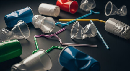 Crashed Multicolor Plastic Cups and Straws on Black Background Showing Environmental Damage and Single Use Waste Problem Full Studio Shot