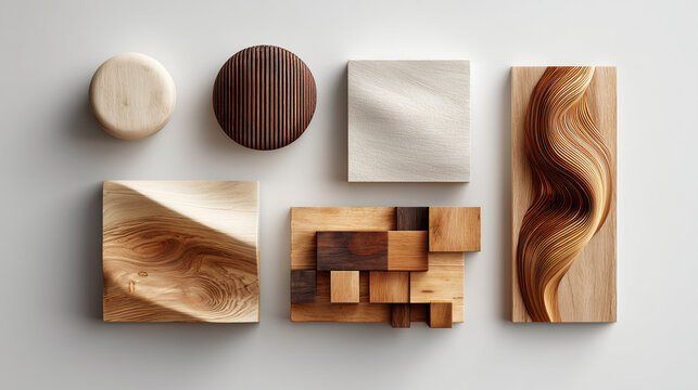 Diverse textured wooden pieces arranged artfully. Background or design element for woodworking, crafts, interior decoration, or pattern backgrounds.