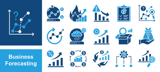 Business Forecasting icon set, with Prediction, Trend, Data, Analysis, Demand, Revenue