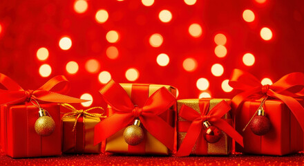 Festive Christmas Gifts Wrapped in Red and Gold with Bokeh Background for Holiday Season Celebration Still Life