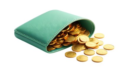 Teal leather wallet overflowing with gold coins spilling out isolated on a transparent background