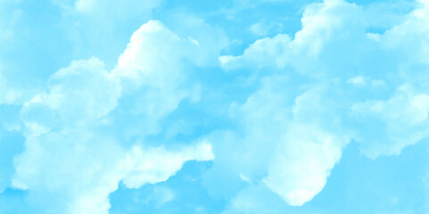 Abstract background with panorama of blue sky and white cloud nature design. horizon spring morning sky with clouds background. hand painted watercolor shades sky clouds.