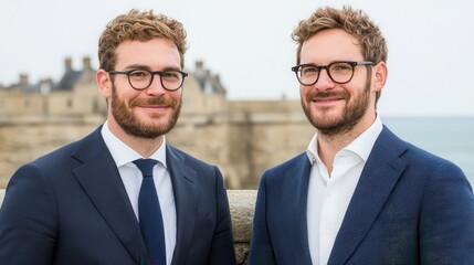 Working in Alternative Situations Concept. Professional Men with Glasses Smiling at Camera Near Historic Building by the Water
