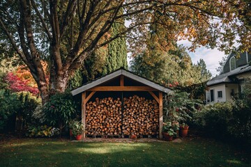 Obraz premium In the garden woodshed, firewood has been stacked to serve as a natural fuel