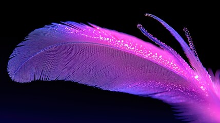 A beautiful illuminated feather with tiny water droplets presented vividly