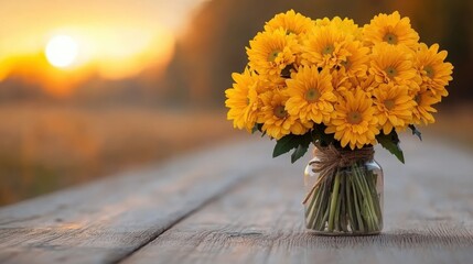 Working in Alternative Situations Concept. Bright Yellow Daisy Bouquet in Sunlit Field with Rustic Wooden Table Setting at Sunset