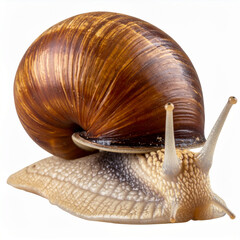 Close-up macro shot of a garden snail on smooth white surface isolated on transparent background PNG