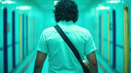 Working in Alternative Situations Concept. Man with curly hair walking in a turquoise hallway with a guitar against a vibrant backdrop