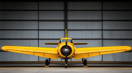 Working in Alternative Situations Concept. Vintage Yellow Aircraft in a Hangar with Large Open Doors and Industrial Background