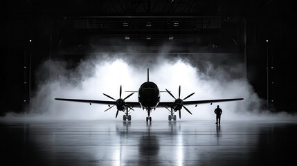 Working in Alternative Situations Concept. Dramatic Silhouette of Aircraft in Hangar with Fog and Person Standing in Front of Plane