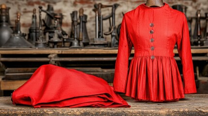 Working in Alternative Situations Concept. Vibrant Red Apparel with Buttons Displayed on a Table in a Rustic Workshop Setting