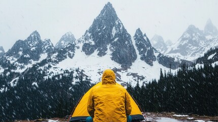 Working in Alternative Situations Concept. Adventurer in Yellow Jacket Enjoys Scenic View of Snowy Mountains and Tent in Winter Wilderness