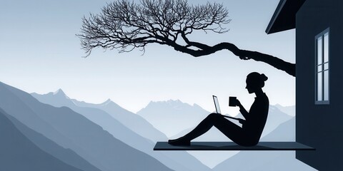 Working in Alternative Situations Concept. Serene Woman Working on Laptop with Coffee Cup by Mountains and Tree Silhouette