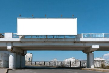 Obraz premium Long white empty signboard hanging on concrete urban bridge for commercial information and advertise message