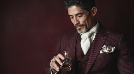 A whiskey glass in hand, a man in a suit projects business sophistication, while the cinematic lighting and rich, dark textures contribute to a mysterious, high end vibe.
