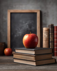 Chalkboard, Apple, and Books on Desk – Classic School Scene with Large Blank Blackboard Space in Background for Education or Back-to-School Messaging