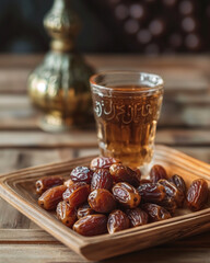 Dates and Glass of Water on Low Wooden Table – Traditional Islamic Iftar Theme with Clean Background Space for Ramadan Messaging or Branding