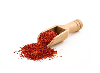 Korean red chili pepper flake, ground powder coarse paprika or Gochugaru isolated on white...