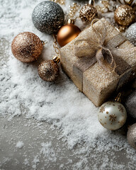 Gift Box and Ornaments on Snowy Surface in Bottom Corner – Ample Space Above for Holiday Message or Branding, Minimalist Festive Background