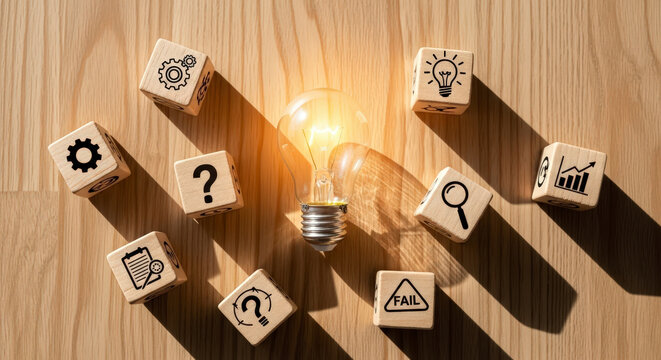 Glowing Light Bulb Surrounded by Wooden Blocks with Various Business Concept Icons on Light Brown Wood Background