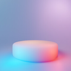 Round pedestal bathed in a vibrant gradient of pink and blue light for product display. 3D Rendering