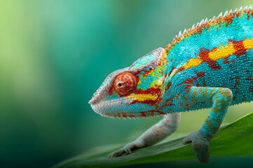 Obraz premium The image depicts a chameleon hunting an insect set against a sunlit green background