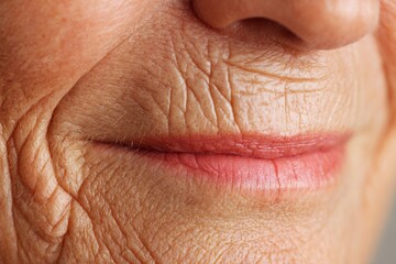 Fototapeta premium A close-up view of an elderly man's lips, which are wrinkled, set against a white background