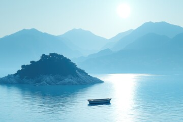 Serene island scene with a small boat. Pale blue mountains and water meet a small rocky island in the middle of the water