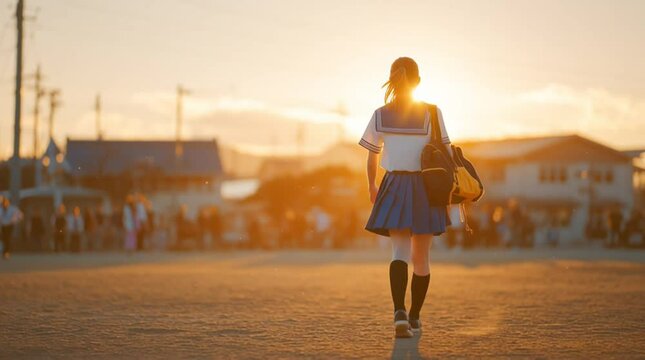 放課後の工程を歩く女子高生の後ろ姿
