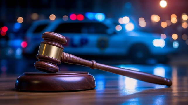In the background, a blurred police vehicle accompanies a court gavel, highlighting issues of police corruption and misconduct