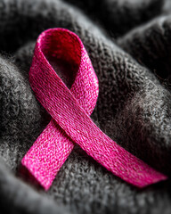 Pink Ribbon on Soft Fabric with Left-Aligned Composition and Ample Negative Space – Breast Cancer Awareness or Support Message Background