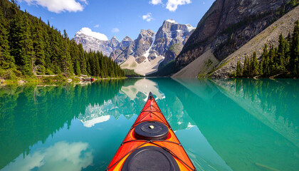 Kayaking on a serene turquoise lake, surrounded by majestic snow-capped mountains and lush evergreen forests under a bright blue sky