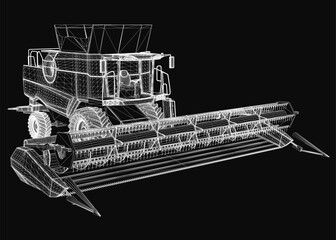 3D wireframe model of a combine harvester stands out against a deep black background. The detailed design includes headlights, a grille, and wheels, showcasing the vehicle's structure.