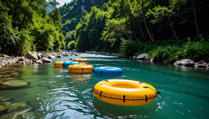 Five colorful inner tubes float down a serene, turquoise river, nestled within a lush green canyon with rocky banks and sun-dappled trees