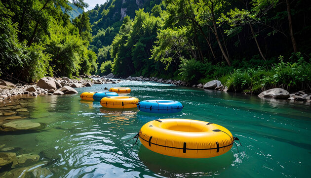 Five colorful inner tubes float down a serene, turquoise river, nestled within a lush green canyon with rocky banks and sun-dappled trees