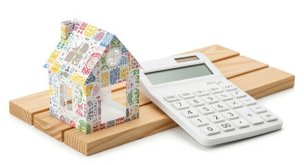Colorful Miniature House and White Calculator on Light Wooden Planks Against a White Background Depicting Home Finance and Property Valuation