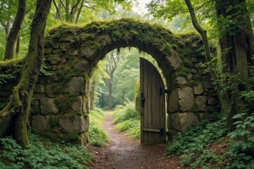 Stone archway with wooden gate in a lush forest.