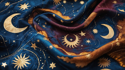 Celestial batik style with abstract stars and cosmic flow in deep tones and glowing pattern energy.