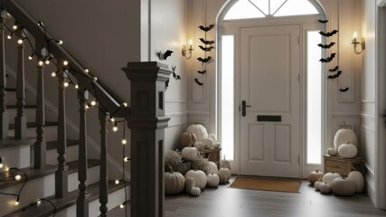 Cozy Halloween Entryway with Pumpkins and String Lights - A charming entryway is decorated for Halloween with white pumpkins arranged near the door, bat cutouts on the wall, and warm string lights on - Powered by Adobe
