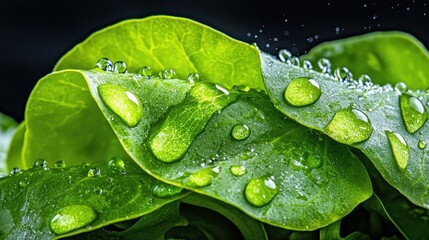 Fresh green leaves adorned with glistening water droplets in close up