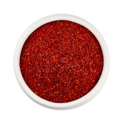 flat lay Korean red chili pepper flake, ground powder coarse paprika or Gochugaru in white bowl cutout