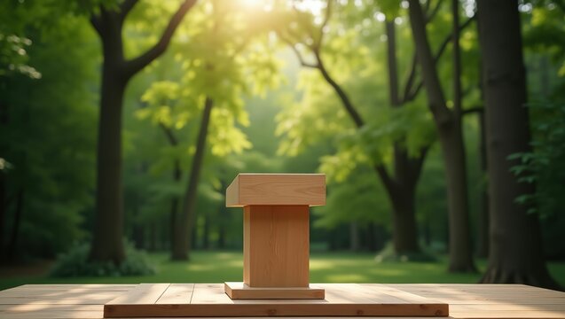 Light Brown Wooden Podium in Sunny Green Forest background