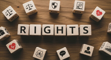 Wooden Blocks Spelling Rights on a Wooden Table with Justice Law Ethics and Conversation Icons for Human Rights