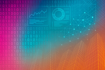 Abstract Tech Background Teal Pink Orange Line Graph Chart Binary Code Skyscrapers